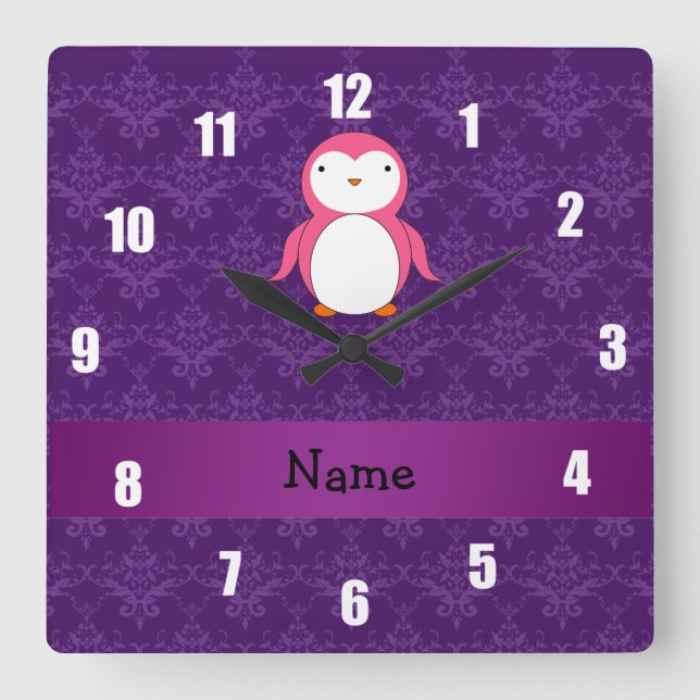 Personalised name pink penguin purple damask square wall clock (Front)