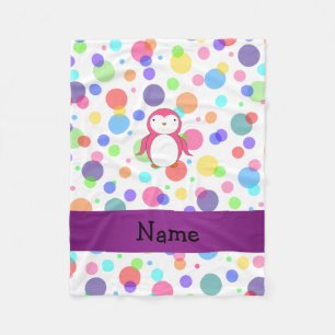 Personalised name pink penguin rainbow polka dots fleece blanket