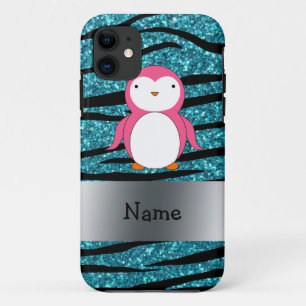 Personalised name pink penguin zebra stripes iPhone 11 case