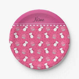 Personalised name pink penguins cupcakes stars paper plate