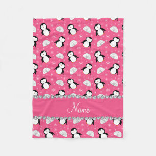 Personalised name pink penguins igloos snowflakes fleece blanket