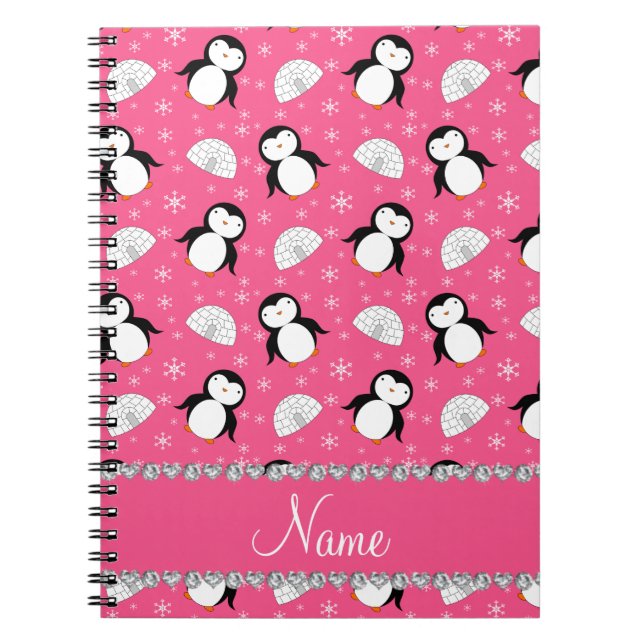Personalised name pink penguins igloos snowflakes notebook (Front)