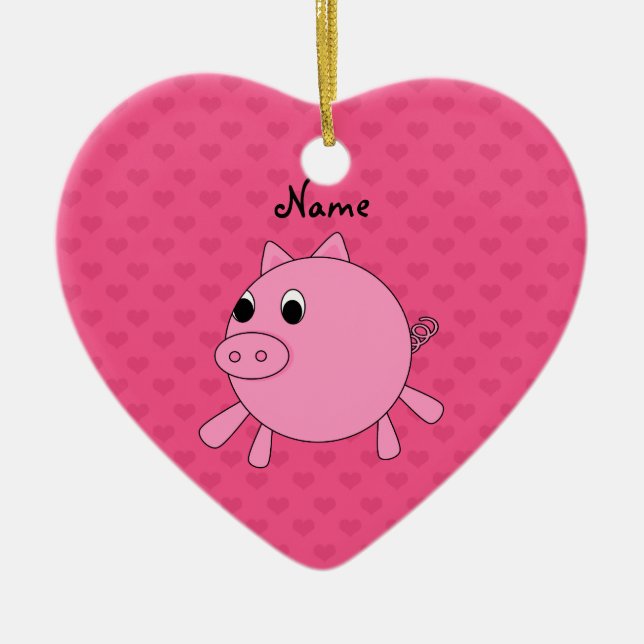 Personalised name pink pig hearts ceramic tree decoration (Front)