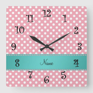 Personalised name pink polka dots turquoise stripe square wall clock