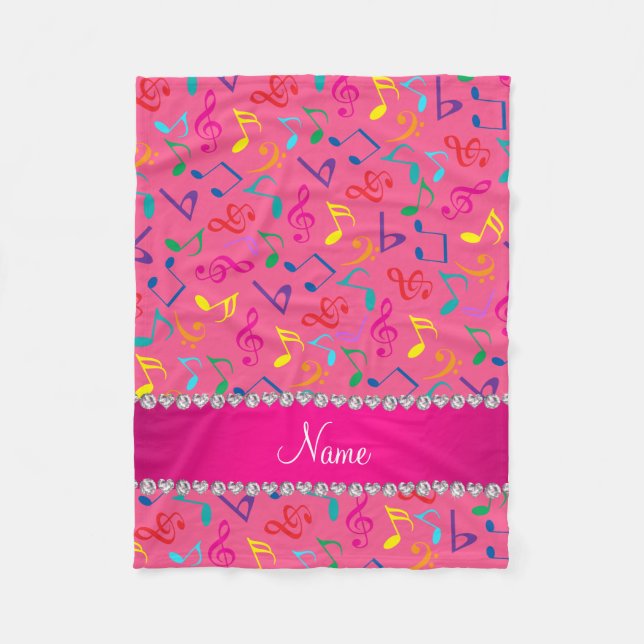 Personalised name pink rainbow music notes fleece blanket (Front)