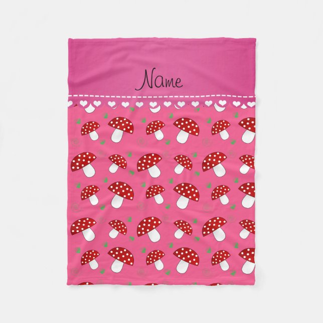 Personalised name pink red mushrooms fleece blanket (Front)