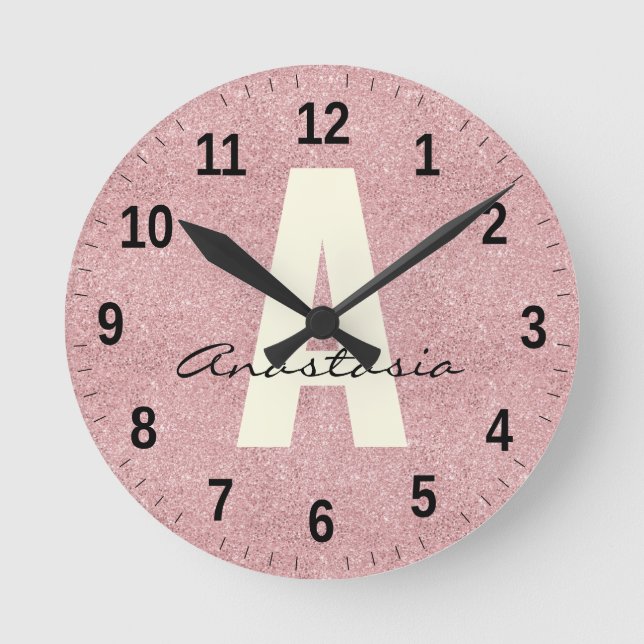 Personalised Name Pink Rosegold Glitter Round Clock (Front)