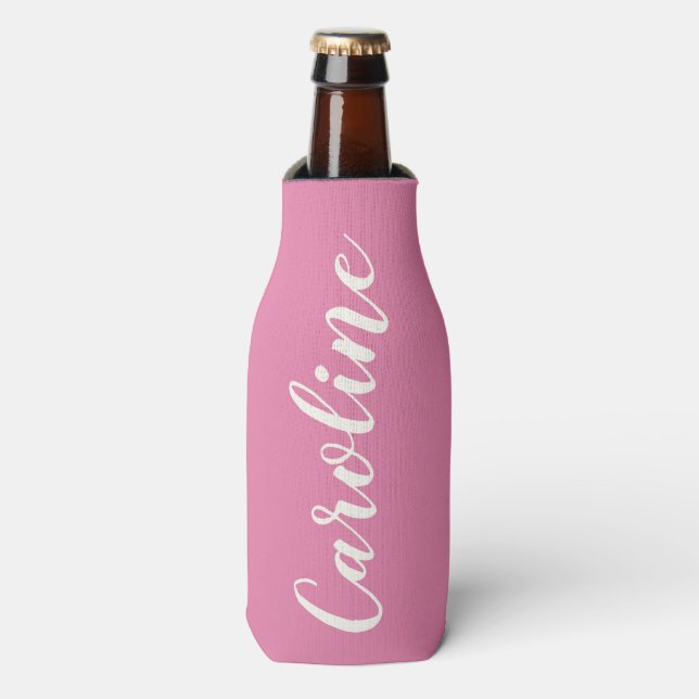 Personalised Name Pink Script Bachelorette Party Bottle Cooler (Bottle Front)