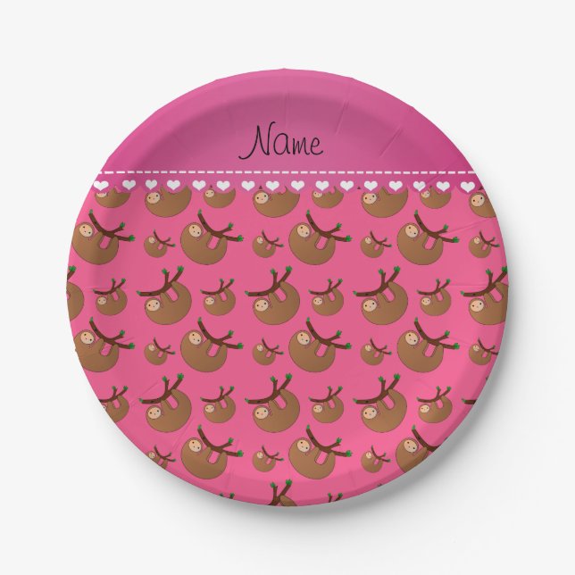 Personalised name pink sloth pattern paper plate (Front)