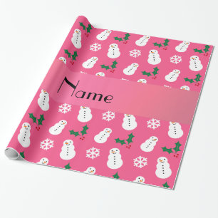 Personalised name pink snowman christmas wrapping paper