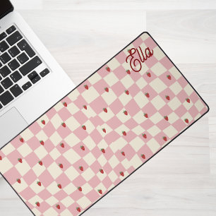 Personalised name pink strawberry girls desk mat