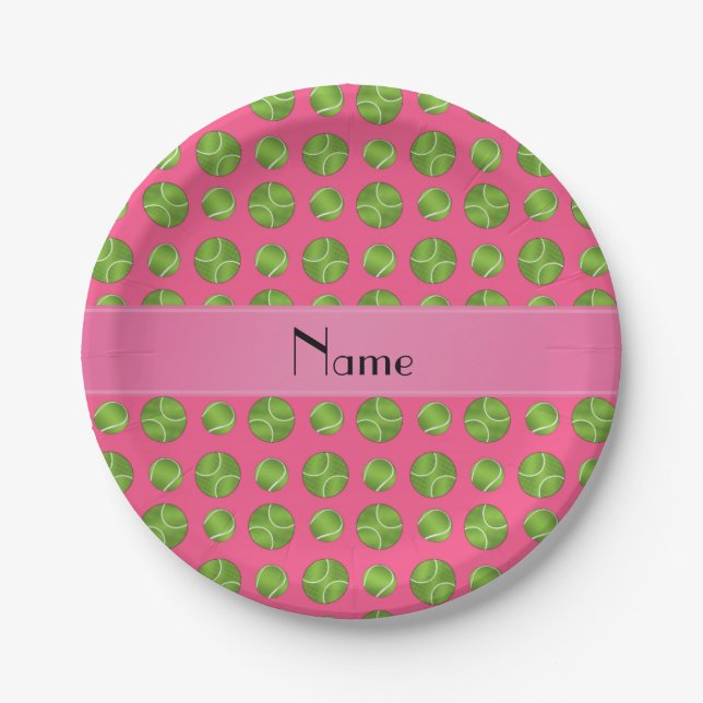 Personalised name pink tennis balls pattern paper plate (Front)