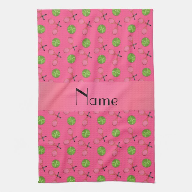 Personalised name pink tennis balls tea towel (Vertical)