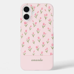 Personalised Name Pink Tulips iPhone 16 Plus Case