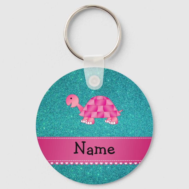 Personalised name pink turtle turquoise glitter key ring (Front)