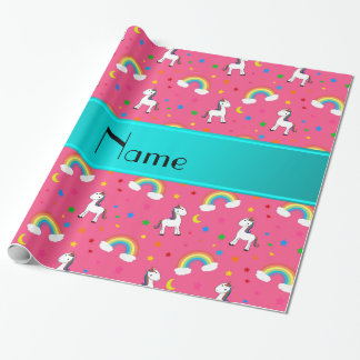 Personalised name pink unicorns rainbows wrapping paper