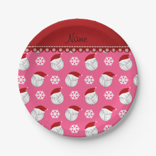 Personalised name pink volleyballs santa hats paper plate
