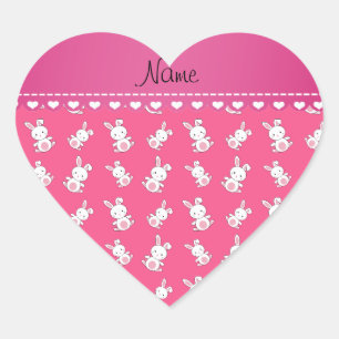 Personalised name pink white bunnies heart sticker