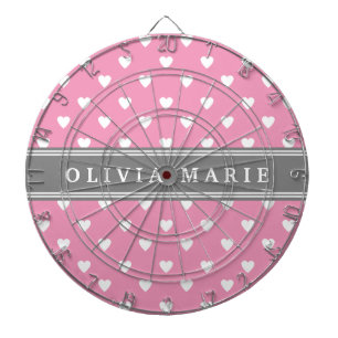 Personalised Name Pink White Heart Pattern Dartboard