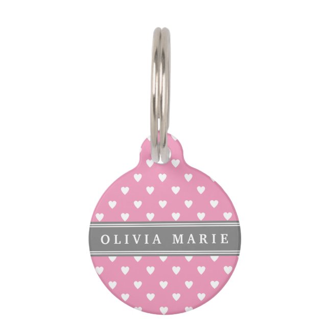 Personalised Name Pink White Heart Pattern Pet Tag (Front)