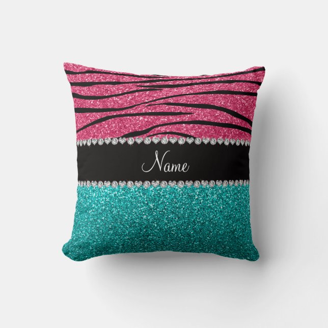 Personalised name pink zebra turquoise glitter cushion (Front)