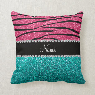 Personalised name pink zebra turquoise glitter cushion