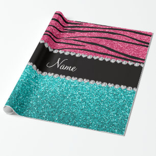 Personalised name pink zebra turquoise glitter wrapping paper