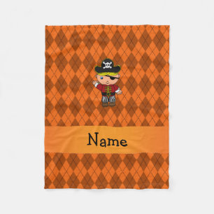 Personalised name pirate orange argyle fleece blanket