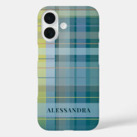 Personalised Name Plaid Check Blue Teal Stylish