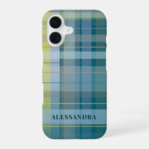 Personalised Name Plaid Check Blue Teal Stylish iPhone 16 Case