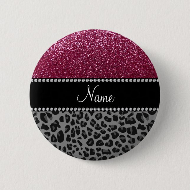 Personalised name plum glitter black leopard 6 cm round badge (Front)