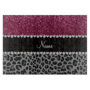 Personalised name plum glitter black leopard cutting board