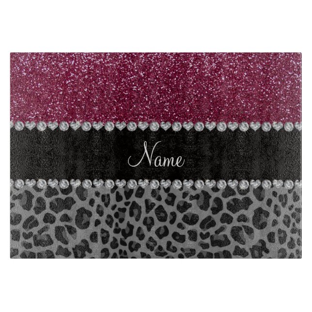 Personalised name plum glitter black leopard cutting board (Front)