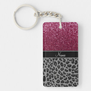 Personalised name plum glitter black leopard key ring