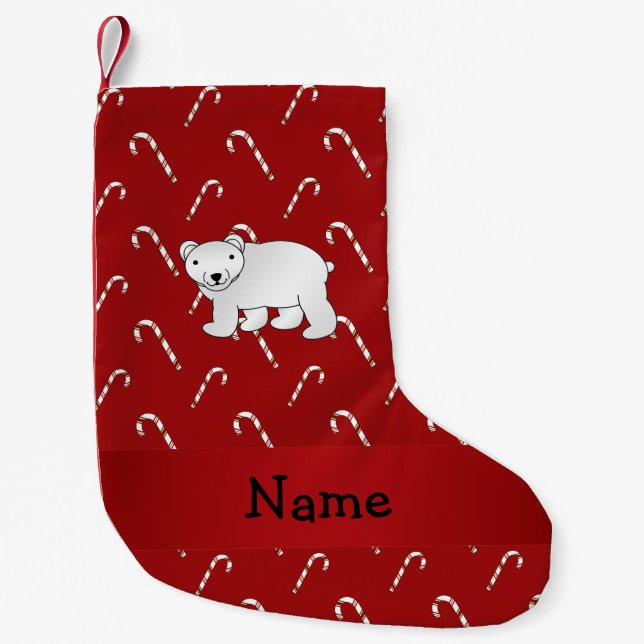 Personalised name polar bear candy cane pattern small christmas stocking (Front)