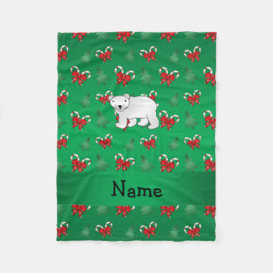 Personalised name polar bear green candy canes bow fleece blanket