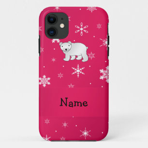 Personalised name polar bear pink snowflakes iPhone 11 case