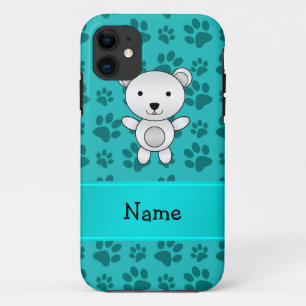 Personalised name polar bear turquoise paw pattern iPhone 11 case