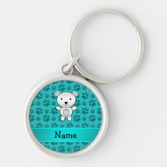 Personalised name polar bear turquoise paw pattern key ring (Front)