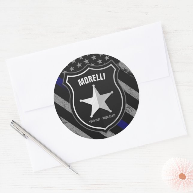 Personalised NAME Police Officer Sheriff Cop Flag Classic Round Sticker (Envelope)