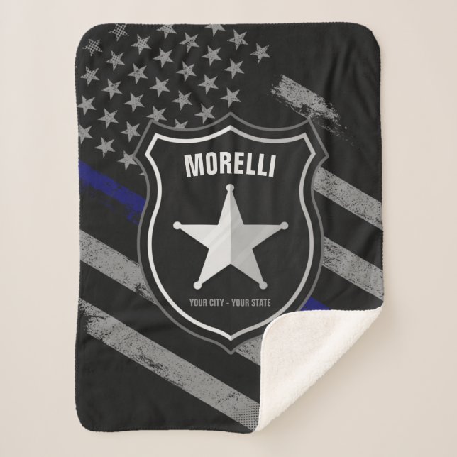 Personalised NAME Police Officer Sheriff Cop Flag Sherpa Blanket (Front)