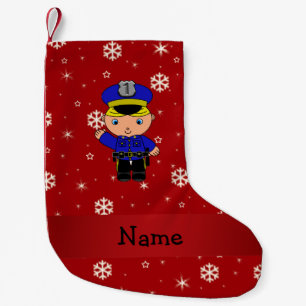 Personalised name policeman red snowflakes small christmas stocking