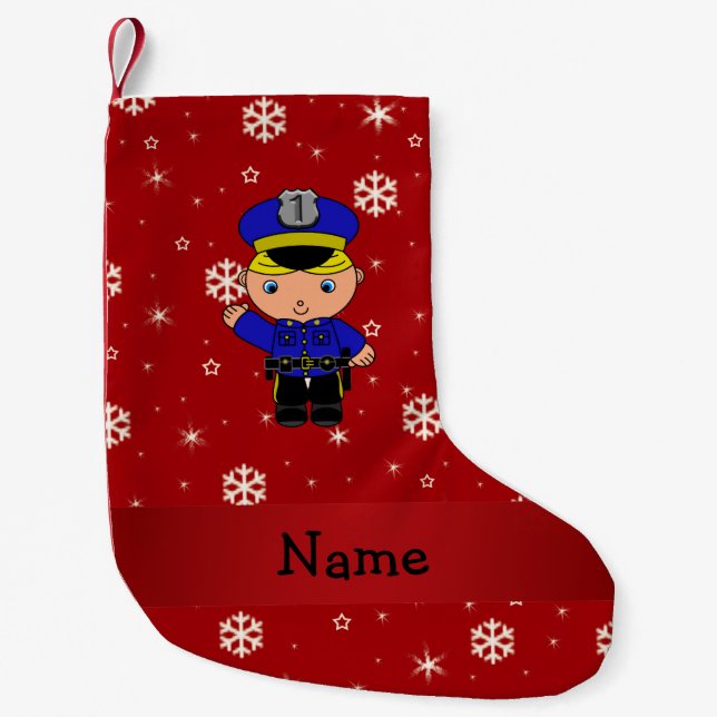 Personalised name policeman red snowflakes small christmas stocking (Front)