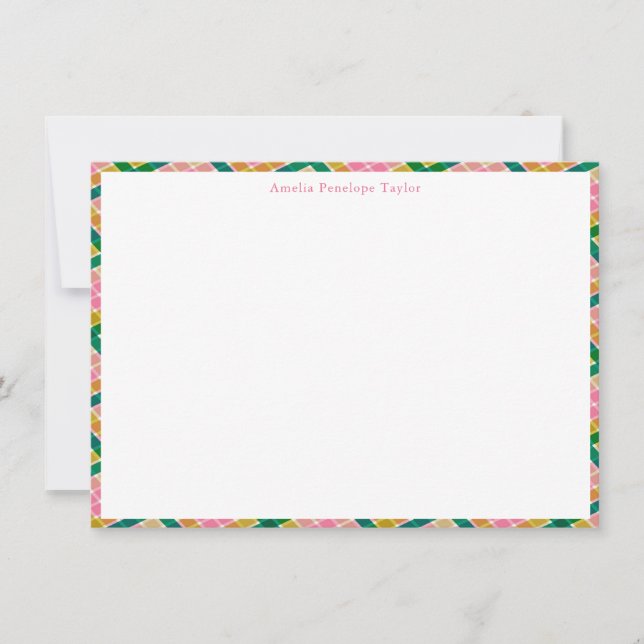 Personalised Name Preppy Pink Green Plaid Border Thank You Card (Front)