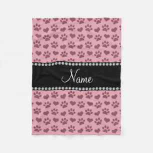 Personalised name pretty pink hearts and paw print fleece blanket