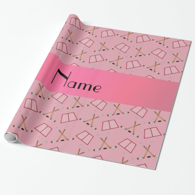 Personalised name pretty pink hockey pattern wrapping paper (Unrolled)