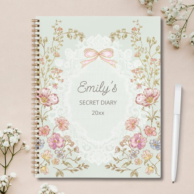 Personalised Name Pretty Vintage Floral Diary Notebook (In situ)