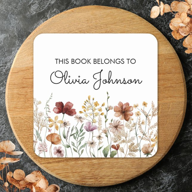 Personalised Name Pretty Wildflower Bookplate Square Sticker (In situ)
