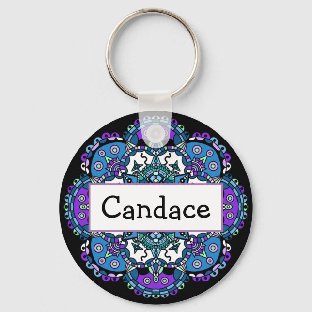 Personalised Name purple and blue Mandala  Magnet Key Ring (Front)