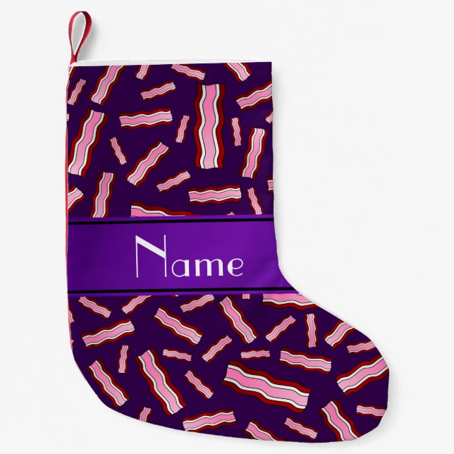 Personalised name purple bacon pattern small christmas stocking (Front)